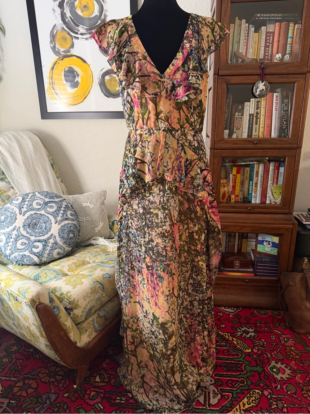 Badgley Mischka Floral Ruffle V‑Neck Maxi Dress in Pink, Green & Cream
